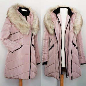 NEW Mauve Rose Pink Hooded Faux Fur Lined Dickey Quilted Long Puffer Coat Jacket